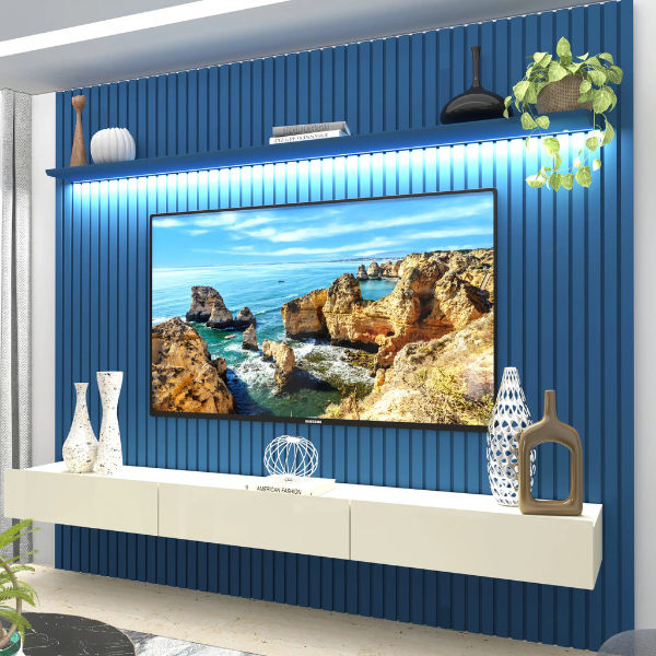 Home Nombre Modern Wall-Mounted Slatted Panel Plasma Stand Blue / Off White