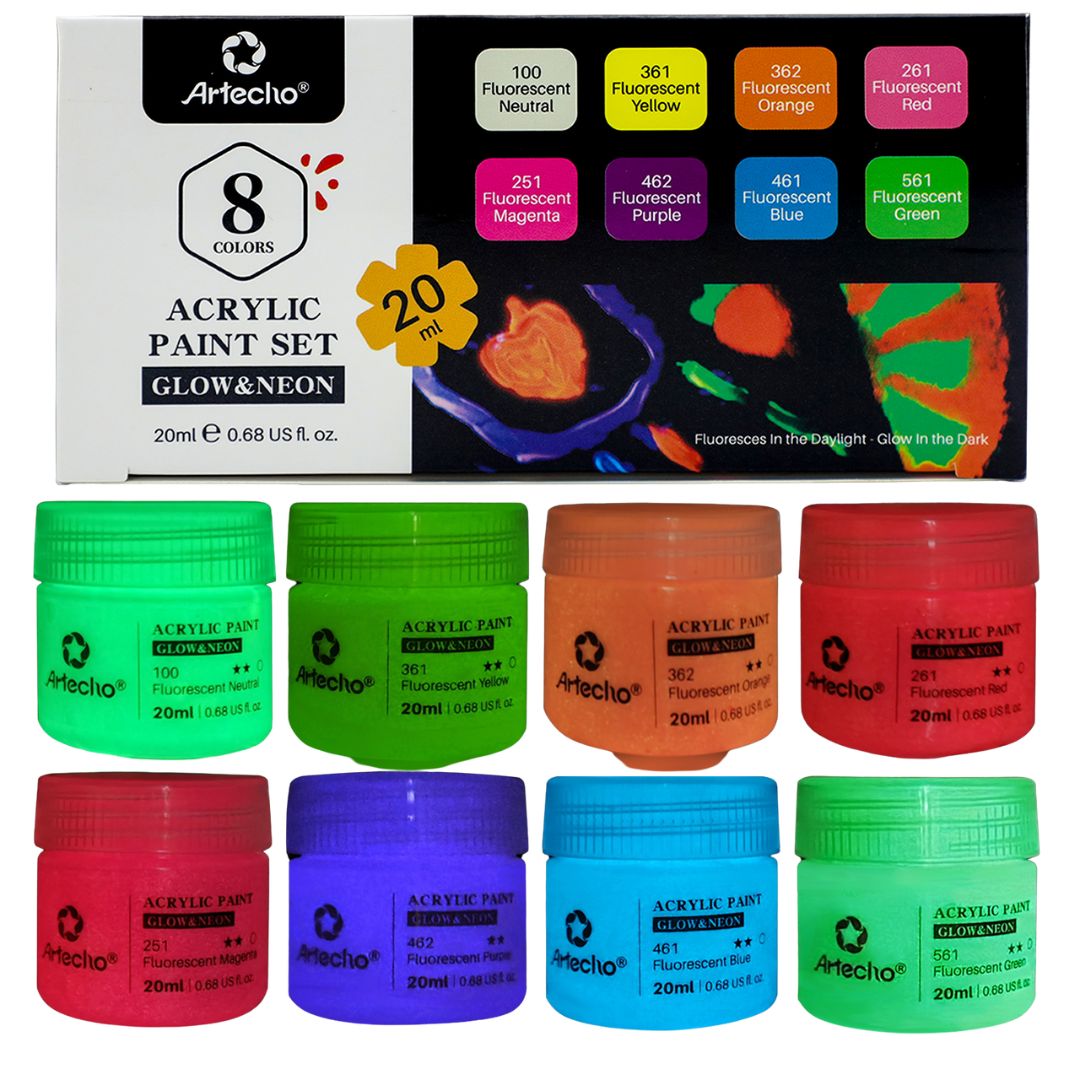 Artecho 8 colour Neon UV Glow in the Dark Acrylic Paint Set (20ml