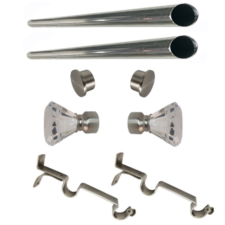 Matoc 25mm Double Curtain Pole Set -SIlver -Dbl extend brkts -Crystal Emerald Finials -1.0m