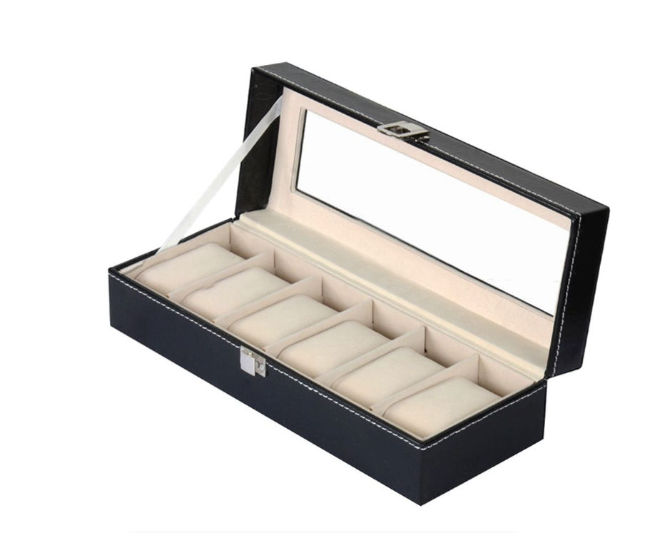 Portable 6 Compartment PU Leather Watch Jewelry Display Box - Black