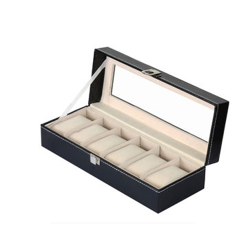 Portable 6 Compartment PU Leather Watch Jewelry Display Box - Black