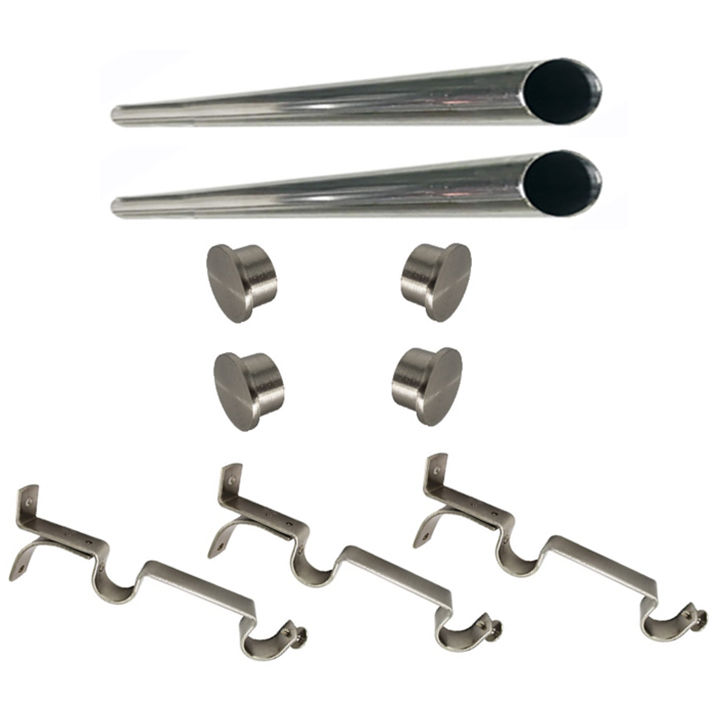 Matoc 25mm Double Curtain Pole Set -SIlver -Dbl extend brkts -Flat End Caps -2.5m
