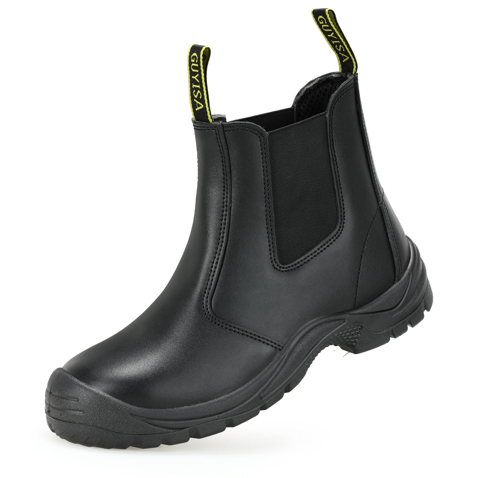 GUYISA Slip-On Steel Toe Safety Boots, Black Leather Chelsea Style Work Boots - MODEL: 1079N - UK 6.5