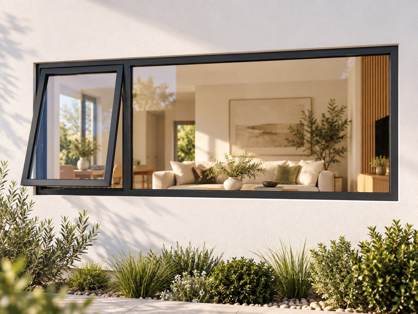 Kenzo Premium Top-Hung Aluminium Window - Charcoal, 2400 600 mm, Left Upper Opener with Fixed Side Pane, Clear Glass