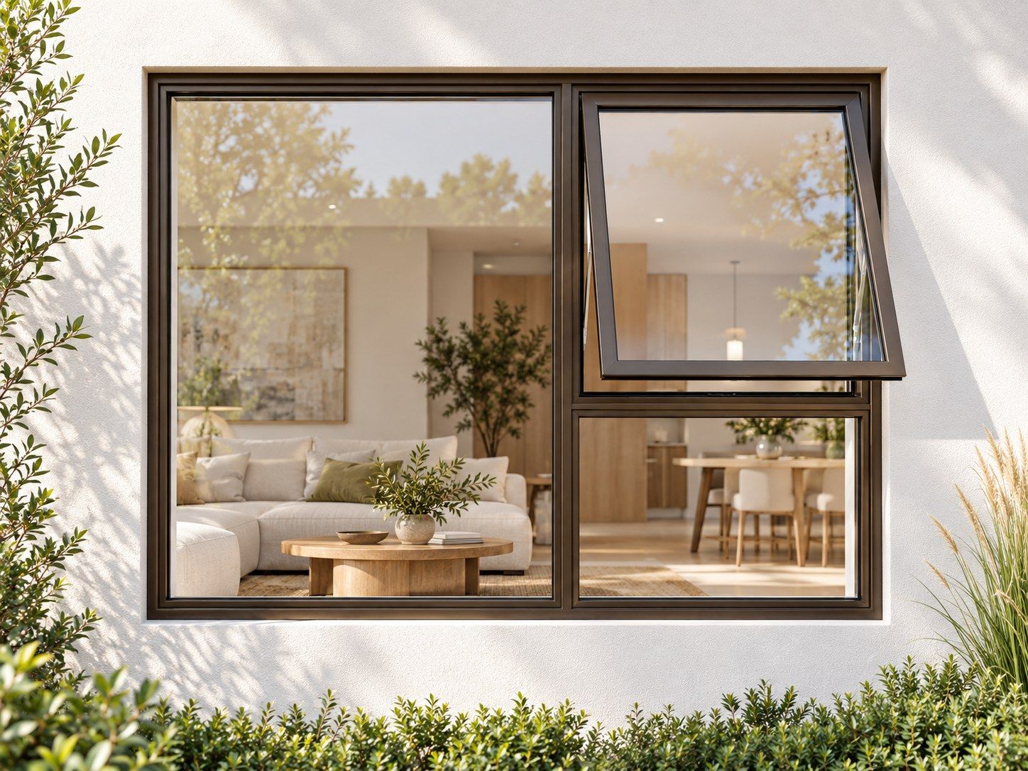 Kenzo Premium Top-Hung Aluminium Window - Bronze, 1500 900 mm, Right Upper Opener with Fixed Lower and Side Panes, Clear Glass