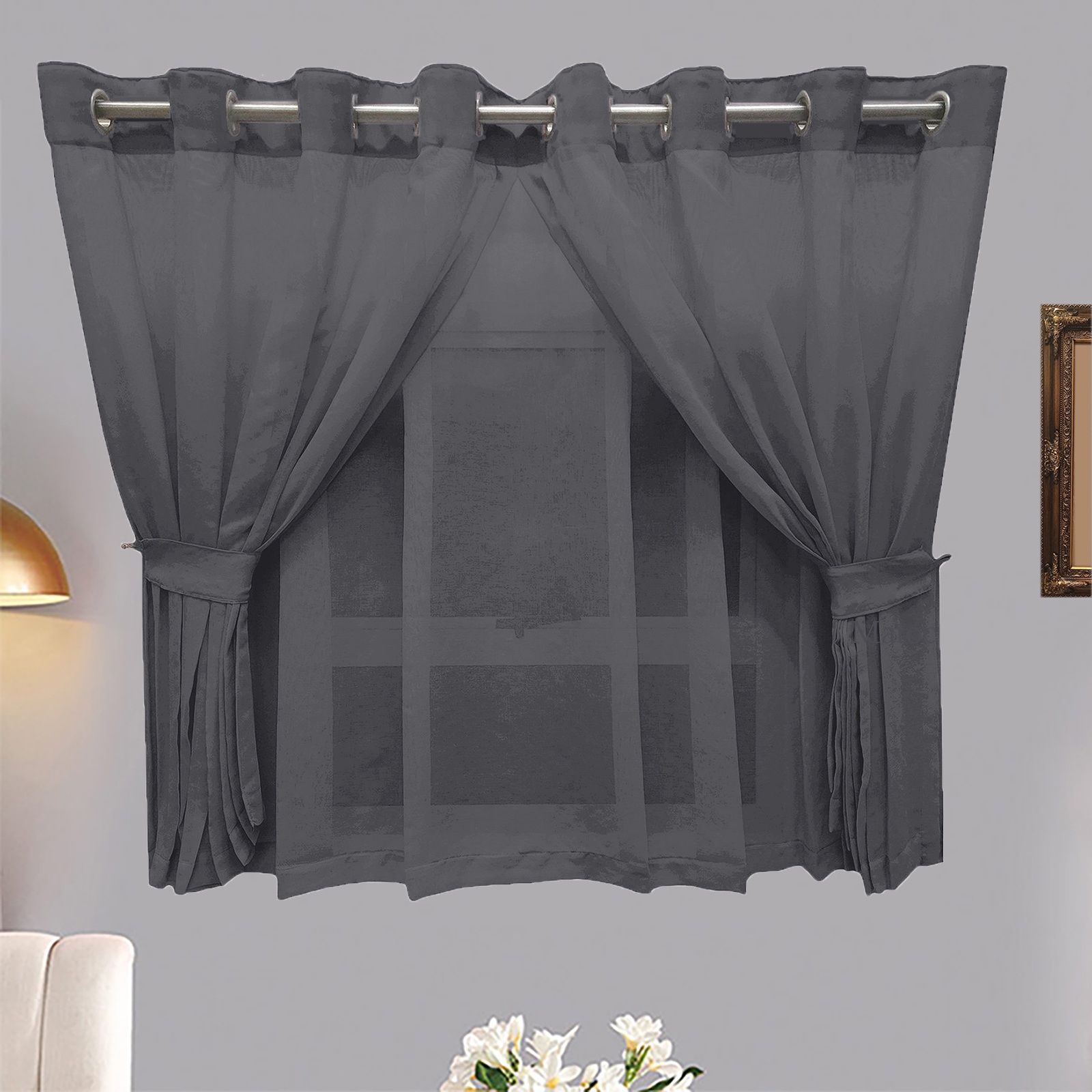 Matoc Designs Curtain -  Café Double Layer - Mystic Voile - Dark Grey - Eyelet - 300cm W x 123cm H