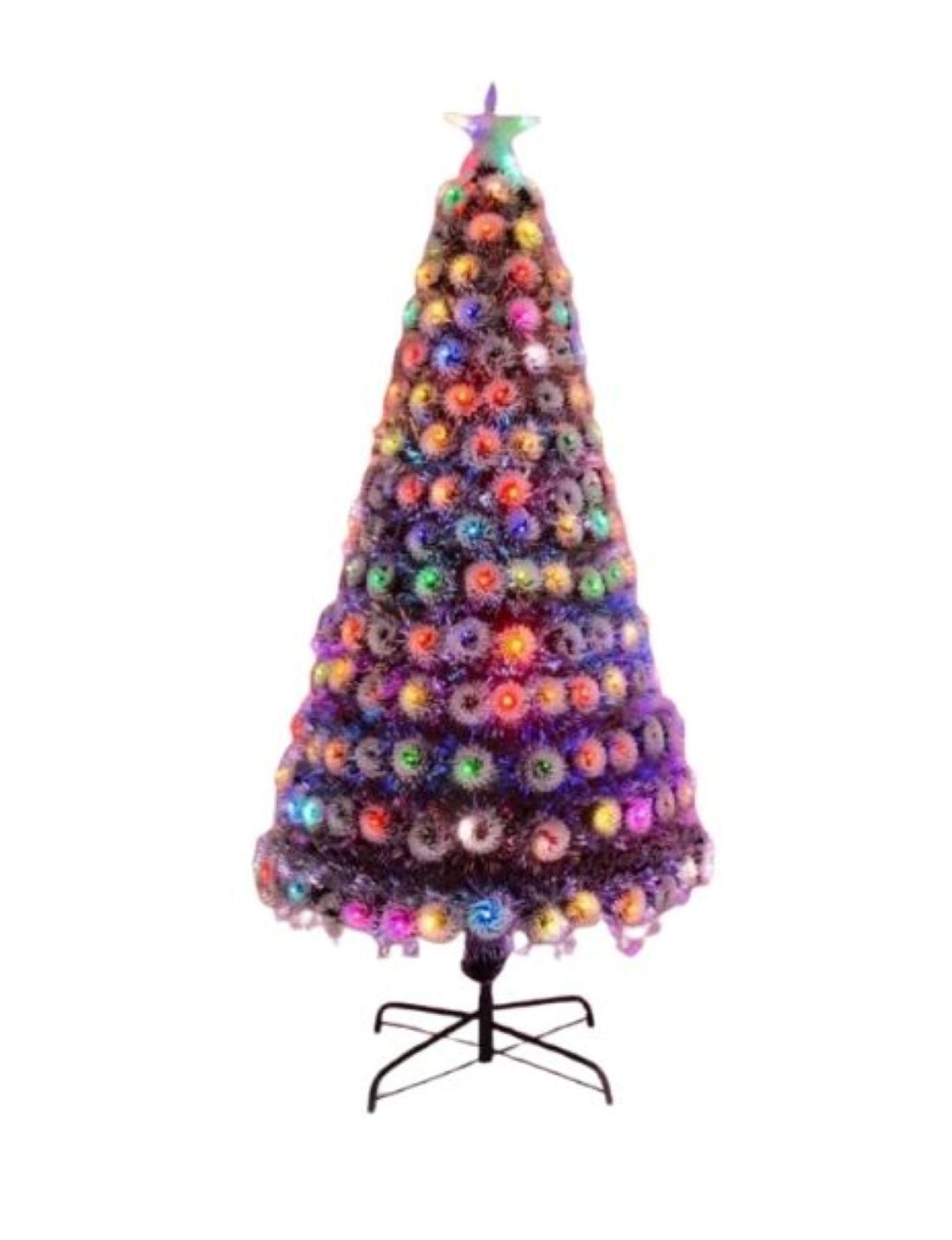 Pre-Lit Artificial Christmas Tree, 180 cm, Multi-Colour LED Lights, Black Stand