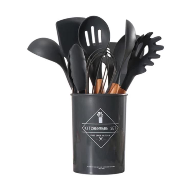Set of 12 Silicone Kitchen Utensil Set - Black