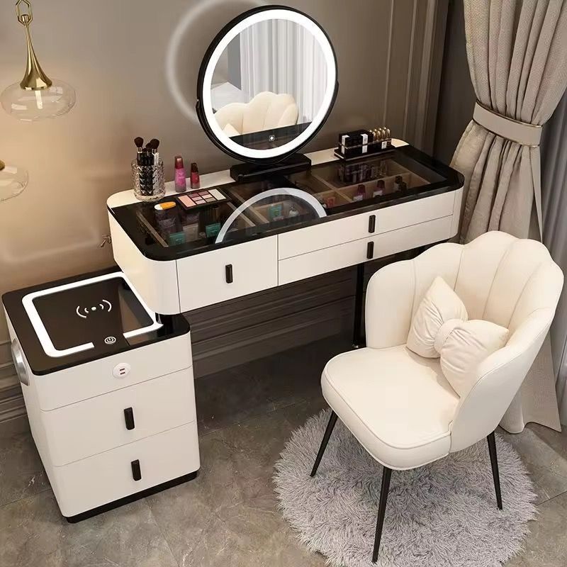 Dressing Table Set with LED Mirror, Vanity Makeup Table with Bluetooth Speaker, Wireless/USB Charging Station, Stool for Bedroom Girl Women