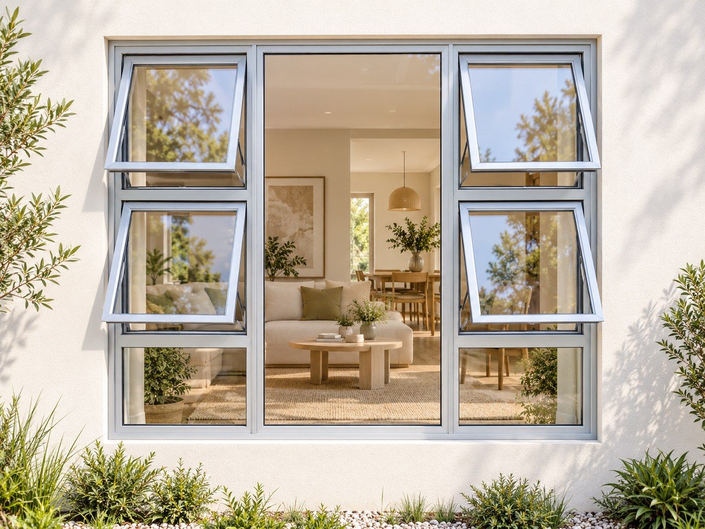 Kenzo Premium Top-Hung Aluminium Window - Silver, 1500 1500 mm, Four Openers with Fixed Centre and Lower Panes, Clear Glass