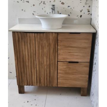 900mm Slatted Pine Bathroom Vanity – Dark Oak Finish with White Quartz Top