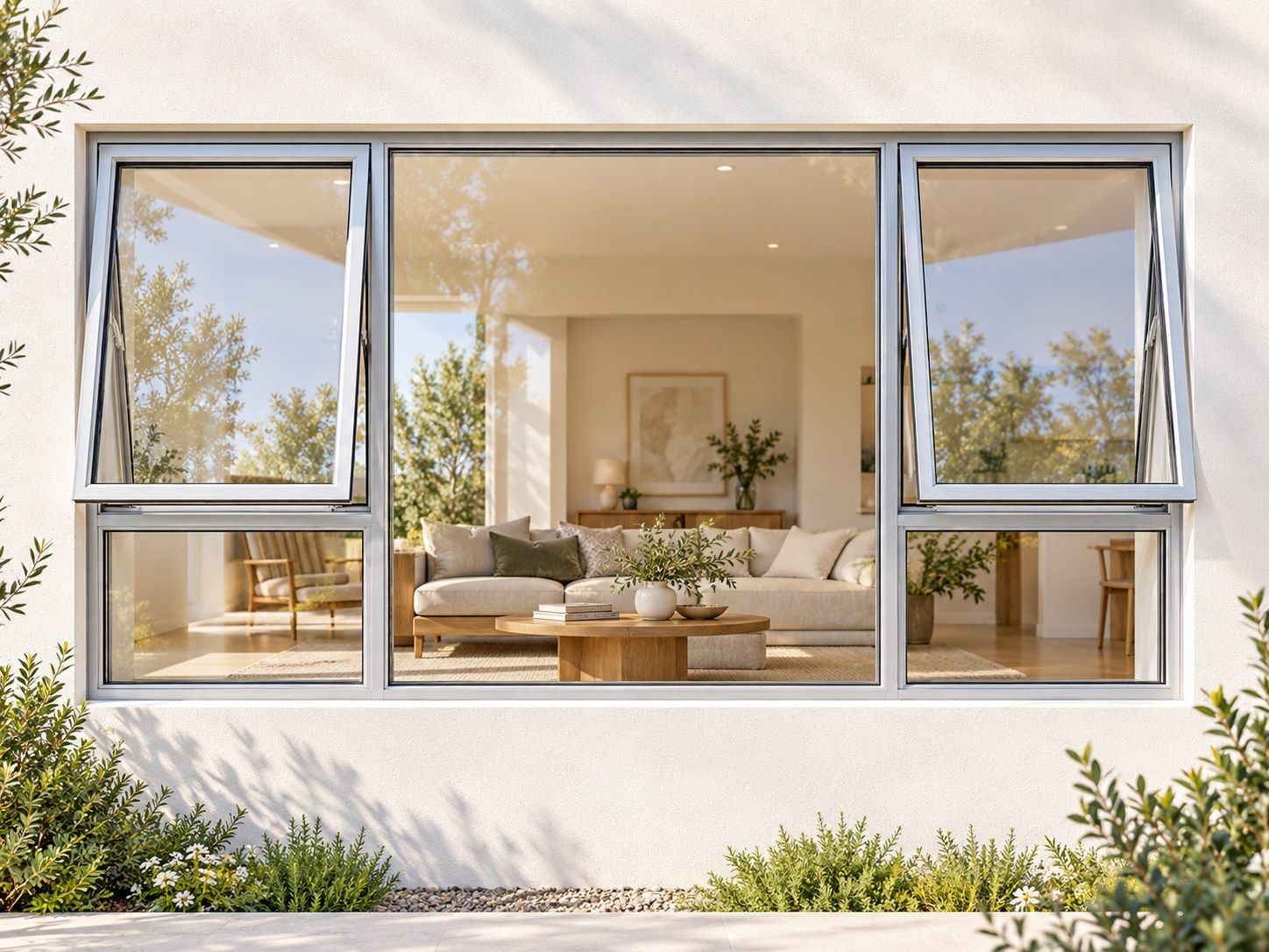 Kenzo Premium Top-Hung Aluminium Window - Silver, 2400 900 mm, Two Outer Openers with Fixed Centre and Lower Panes, Clear Glass