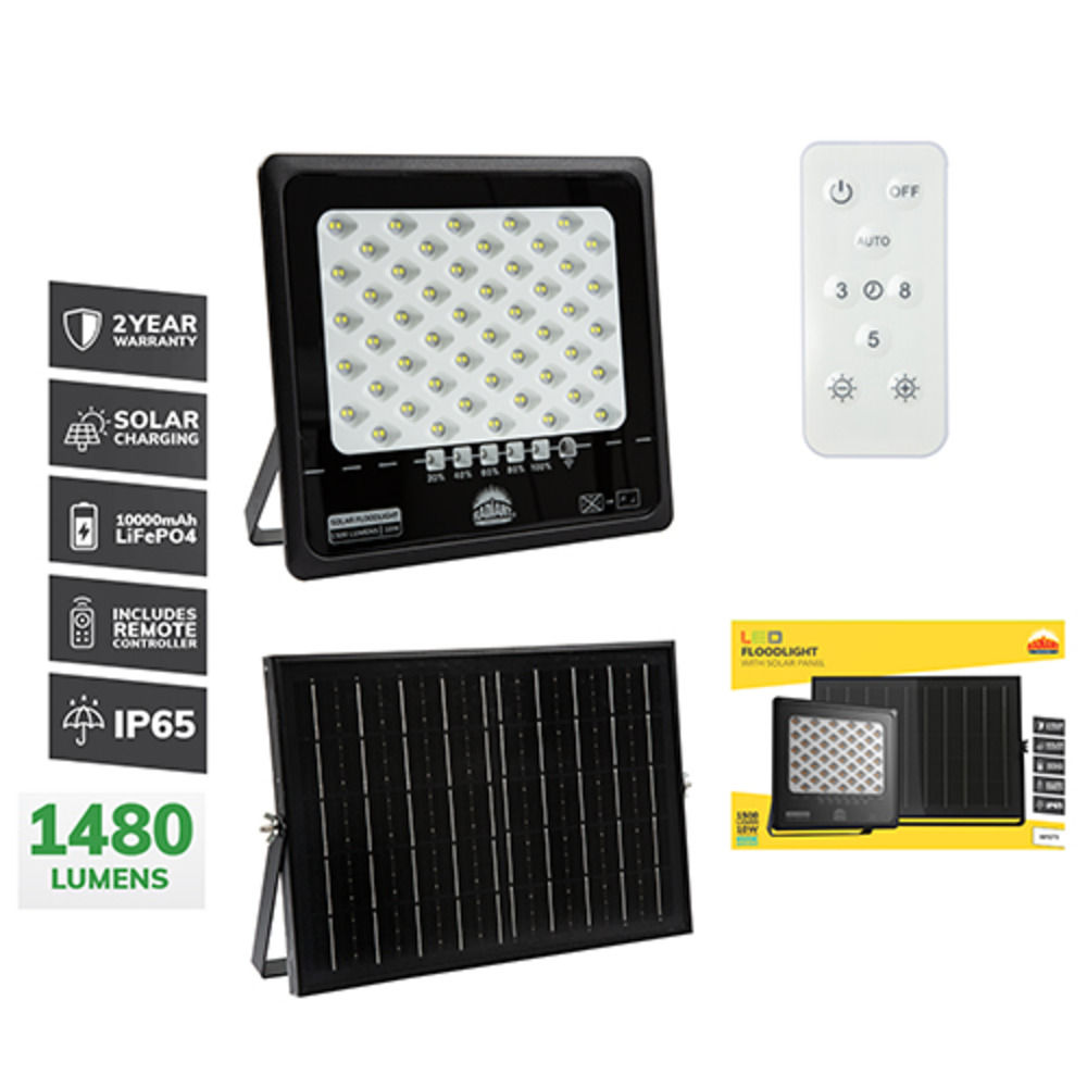 Solar Floodlight & Remote LED 1500lm 6500K