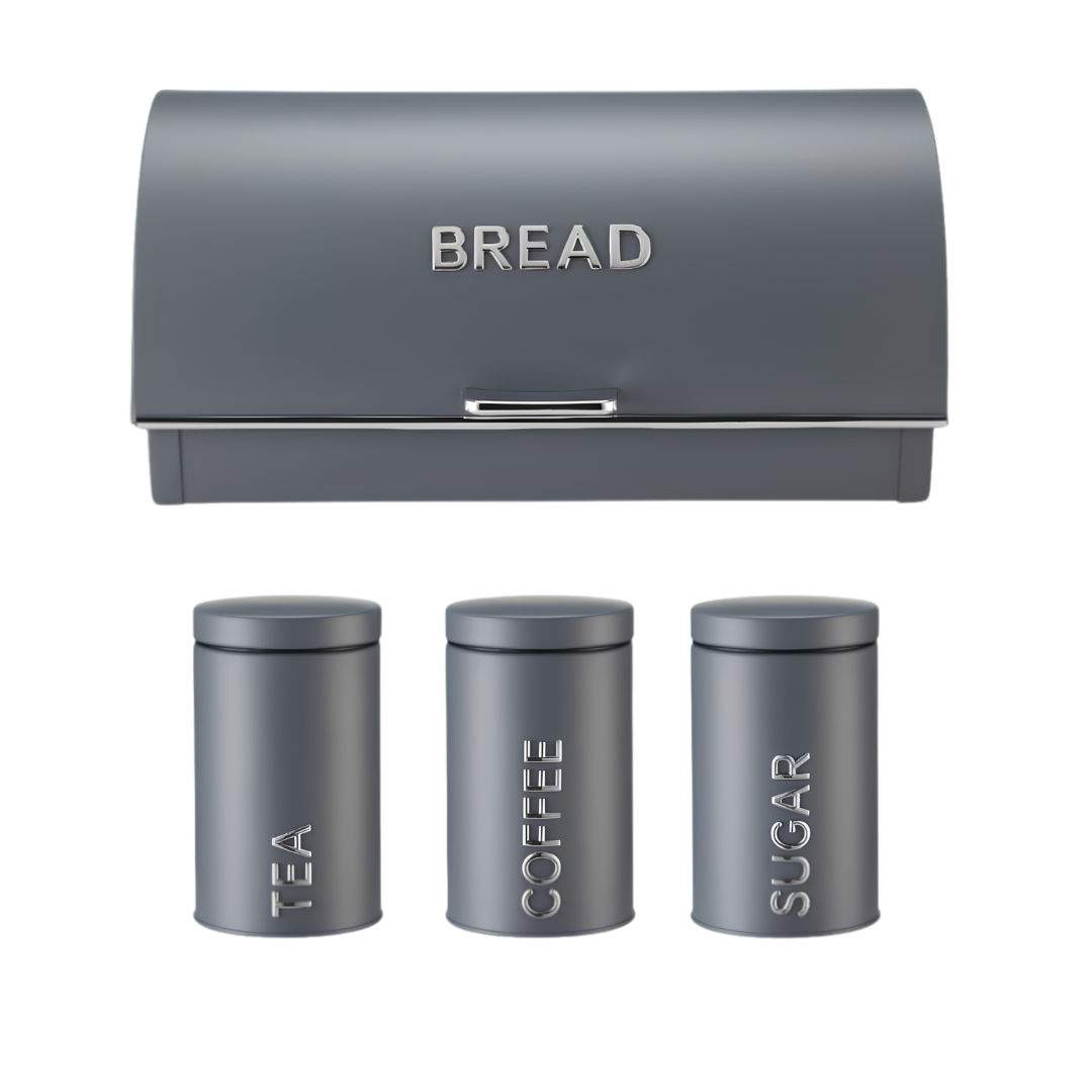 4-Piece Kitchen Countertop Storage Set – Matte Grey Metal Roll-Top Bread Bin & Matching Tea, Coffee, Sugar Canisters with Silver Embossed Text