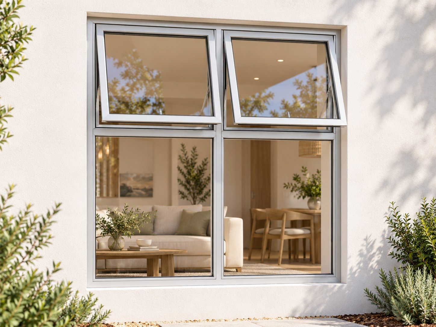 Kenzo Premium Top-Hung Aluminium Window - Silver, 900 1200 mm, Two Upper Openers with Fixed Lower Panes, Clear Glass