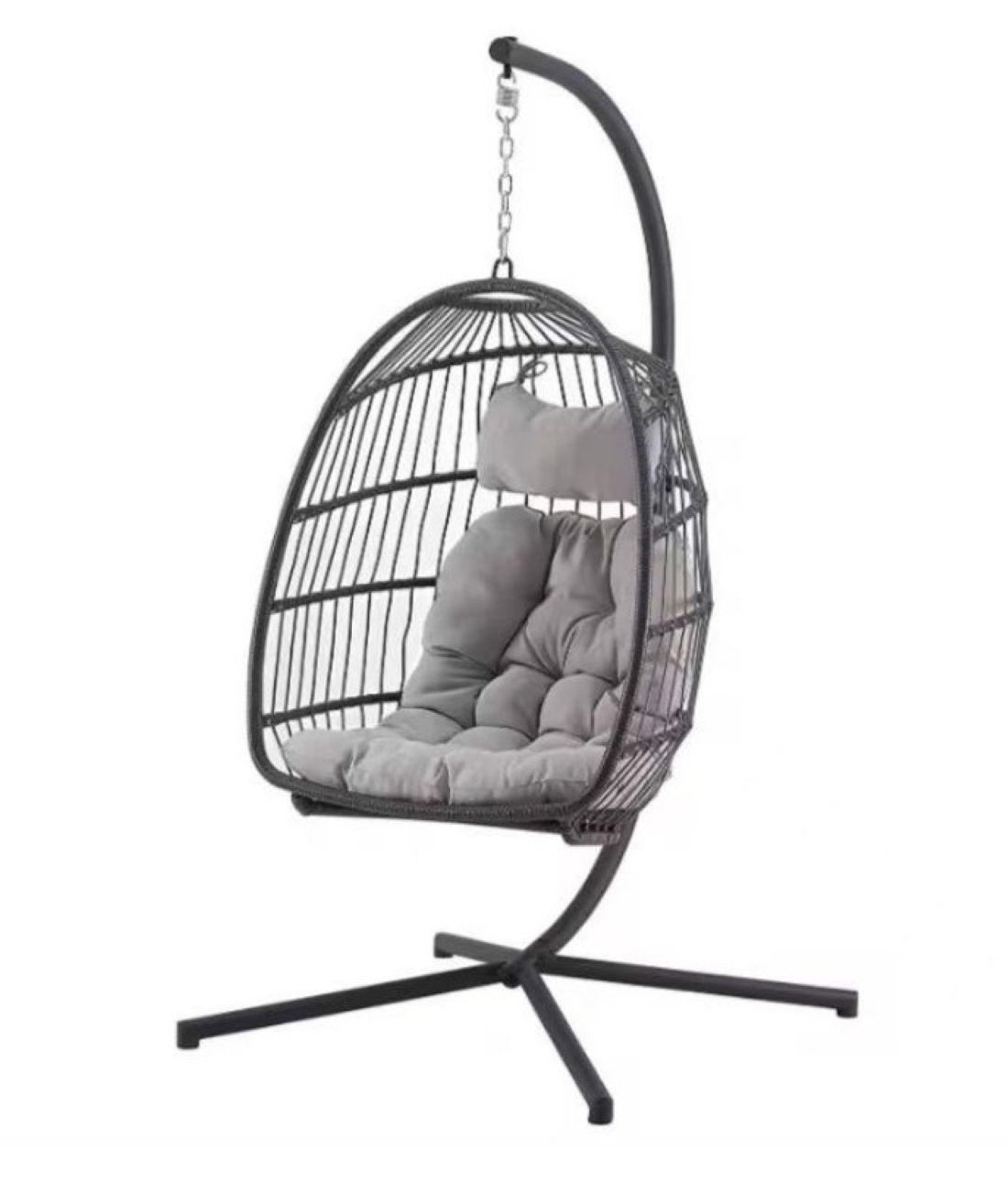 Hanging Egg Chair with Stand, Outdoor Patio Swing Chair, Grey Cushions, Black Metal Frame