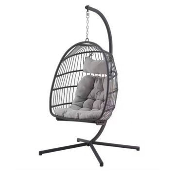 Hanging Egg Chair with Stand, Outdoor Patio Swing Chair, Grey Cushions, Black Metal Frame