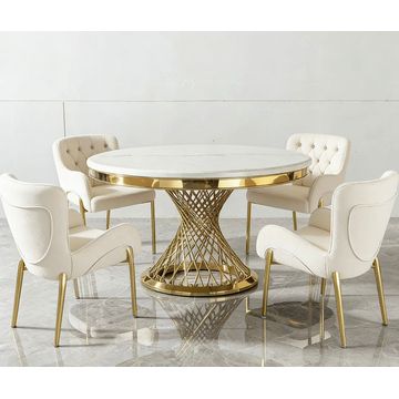 Round Marble Dining Set – Table with Four Upholstered Chairs