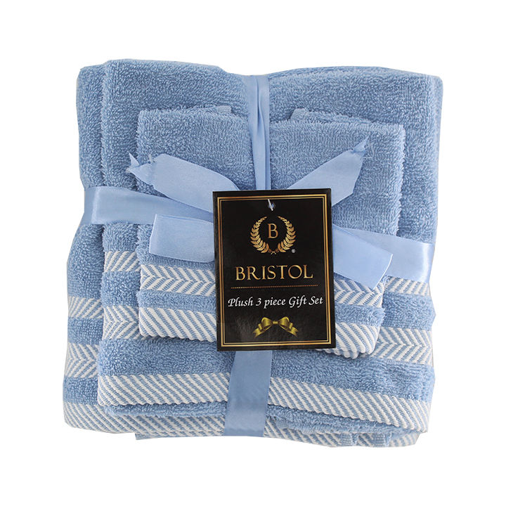 Plush 3 Piece Set - Bath Towel, Hand Towel and Face Cloth - 100% Cotton - Powder Blue
