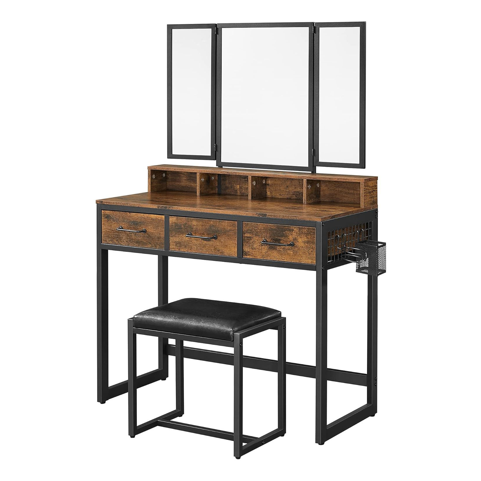 Rustic Brown Vanity Table - Mirror, Drawer & Stool Set