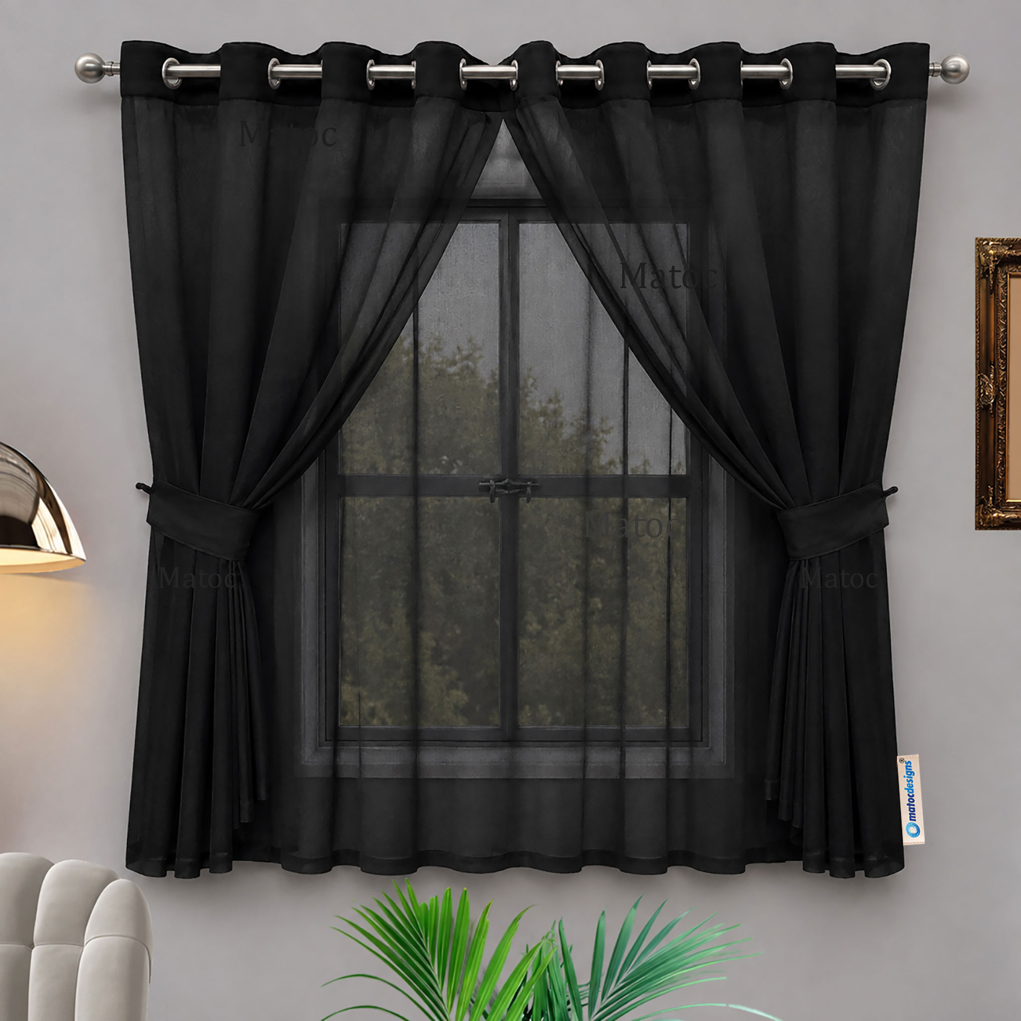Matoc Designs Curtain - Café Double Layer - Mystic Voile - Black - Eyelet - 300cm W x 123cm H