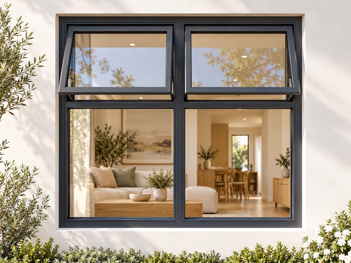 Kenzo Premium Top-Hung Aluminium Window - Charcoal, 1500 1500 mm, Two Upper Openers with Fixed Lower Panes, Clear Glass