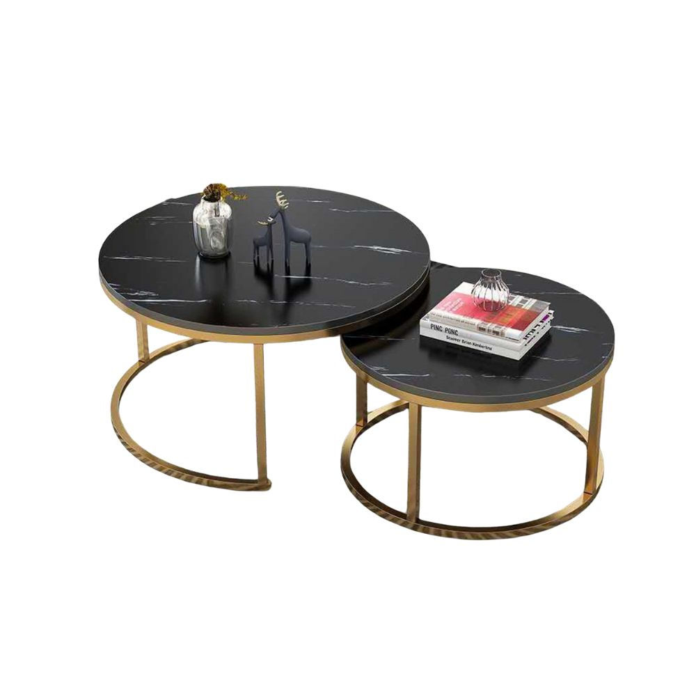 Nesting Coffee Table Round, Golden Color Frame with Marble Pattern Wood Metal End Table
