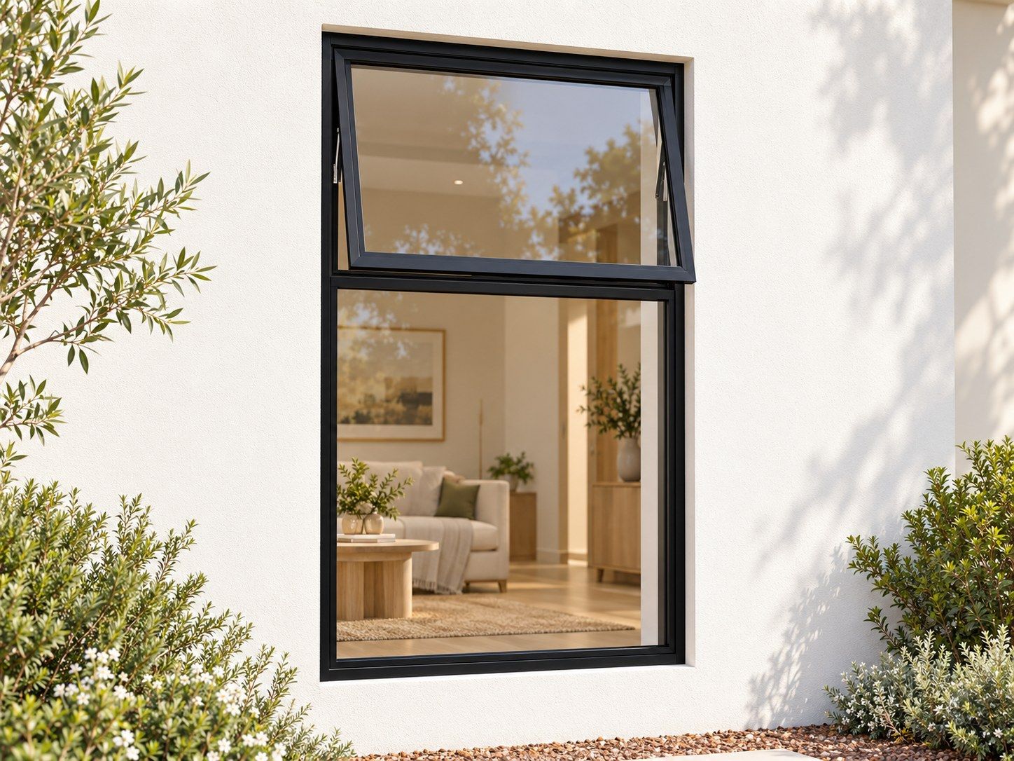 Kenzo Premium Top-Hung Aluminium Window - Black, 900 1500 mm, Upper Opener with Fixed Lower Pane, Clear Glass