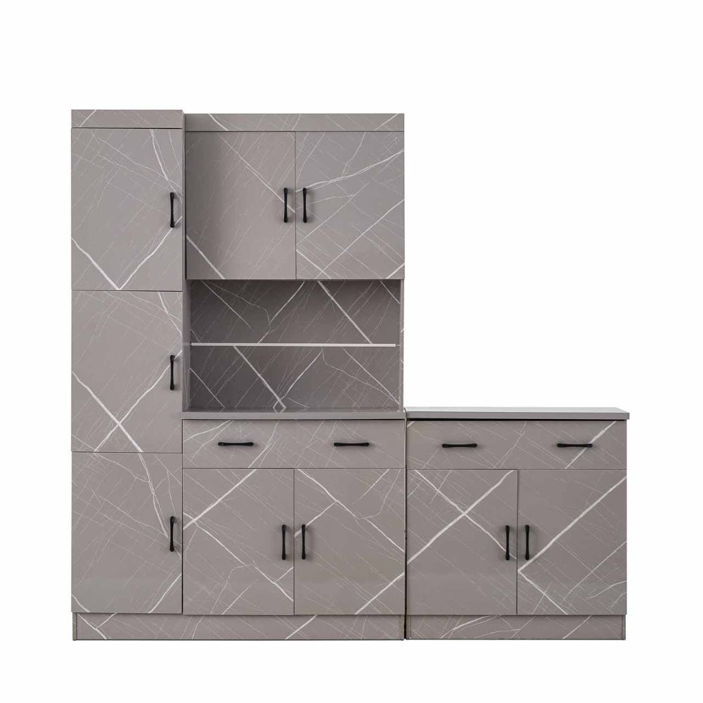 2-Piece High-Gloss Kitchen Cabinet Set with Marble-Effect Finish, Shelves and Drawers