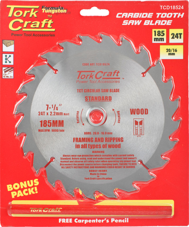 Tork Craft - Blade Tct 185 x 24T 20/16 General Purpose Rip - 5 Pack