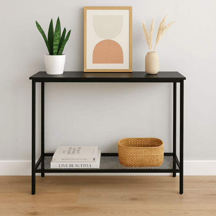 Timberline Entryway Console Table – Shadowveneer Finish with Steel Mesh Shelf