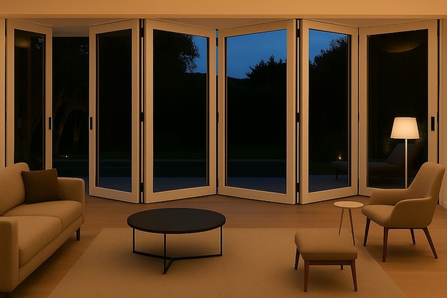 Kenzo - SFD6FG7LW - Aluminium Fold A-Side Door 4.2mx2.1m White 5 Doors Open Left, 1 Door Open Right Viewed From Outside