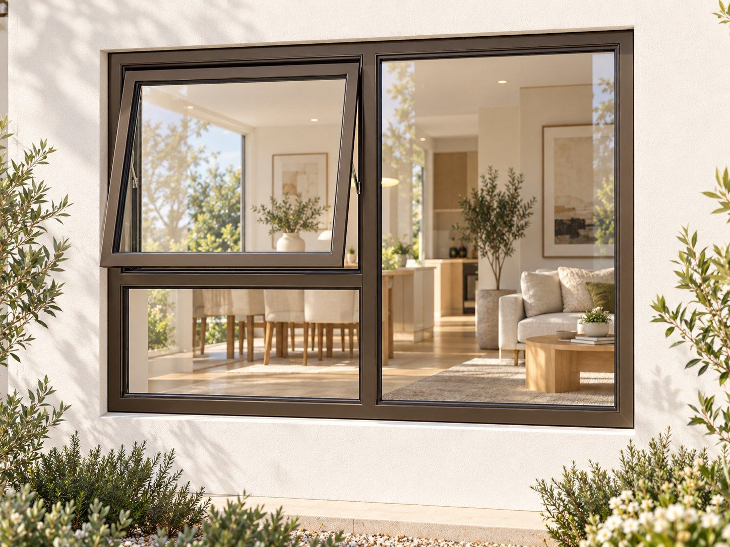 Kenzo Premium Top-Hung Aluminium Window - Bronze, 1200 900 mm, Left Upper Opener with Fixed Lower and Side Panes, Clear Glass