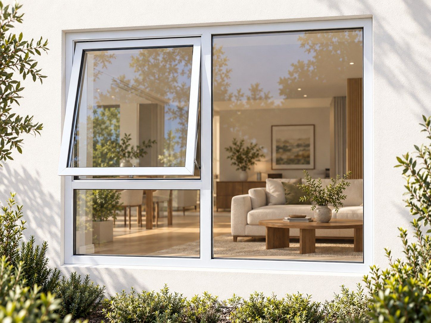 Kenzo Premium Top-Hung Aluminium Window - White, 1500 900 mm, Left Upper Opener with Fixed Lower and Side Panes, Clear Glass