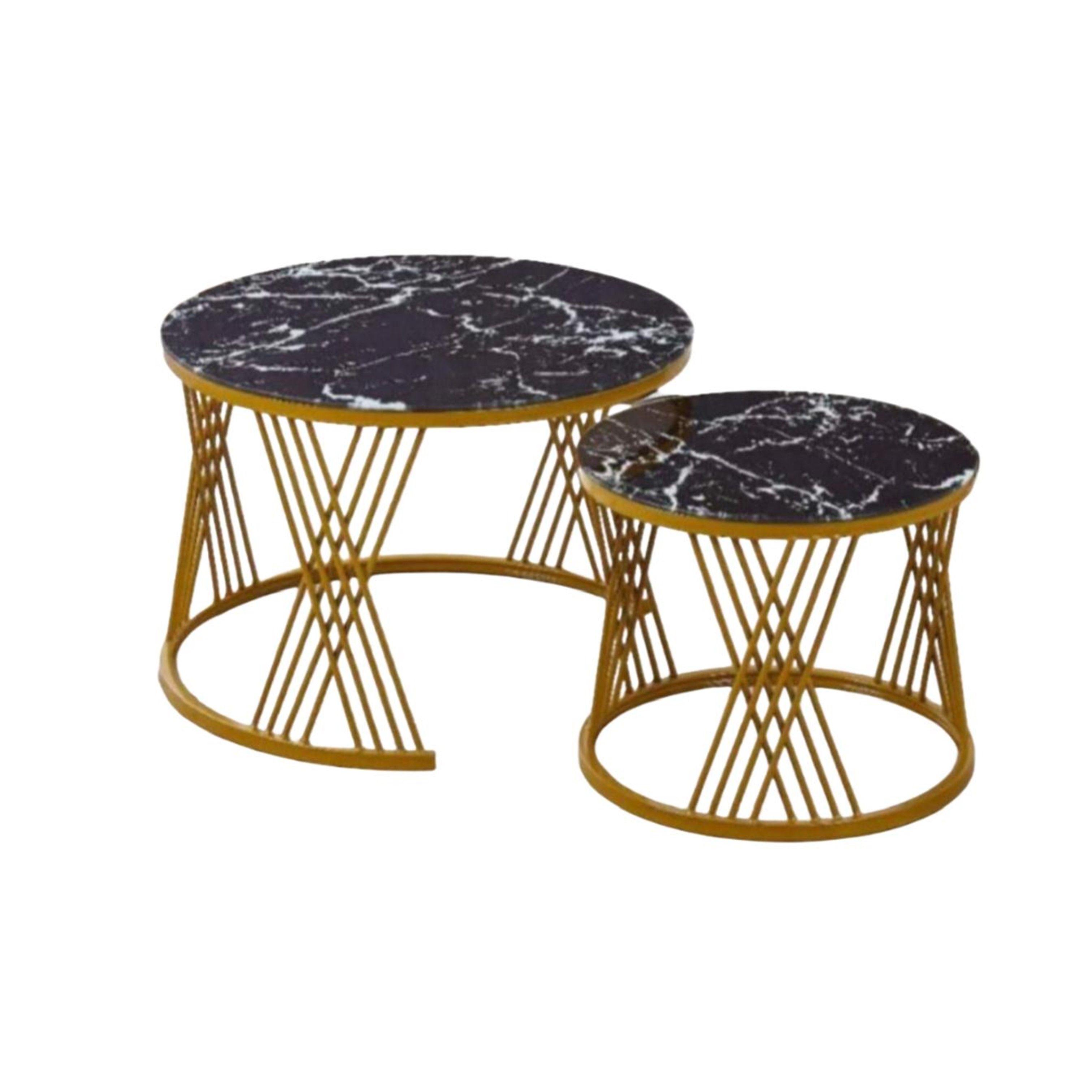 Madiega Furniture - Black Marble Top with Gold Crisscross Base Coffee Table Set