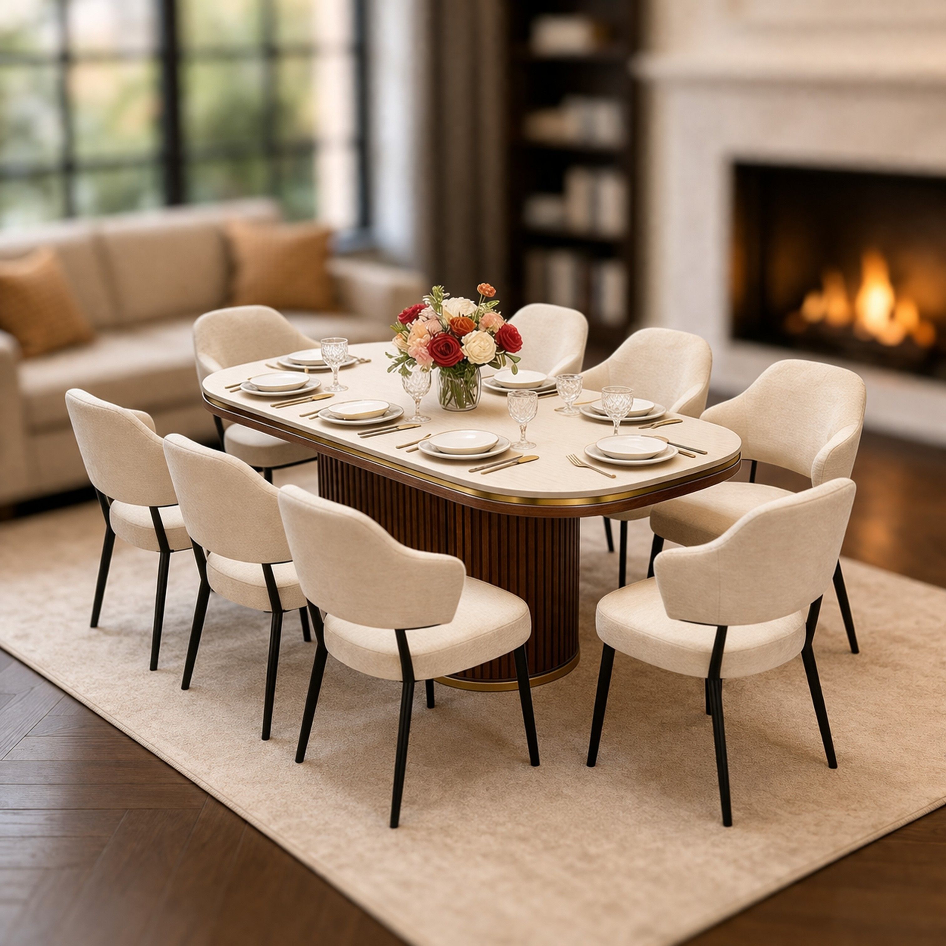 Madiega Furniture - Modern Ribbed Oval Dining Set with 6 Cream Bouclé Chairs