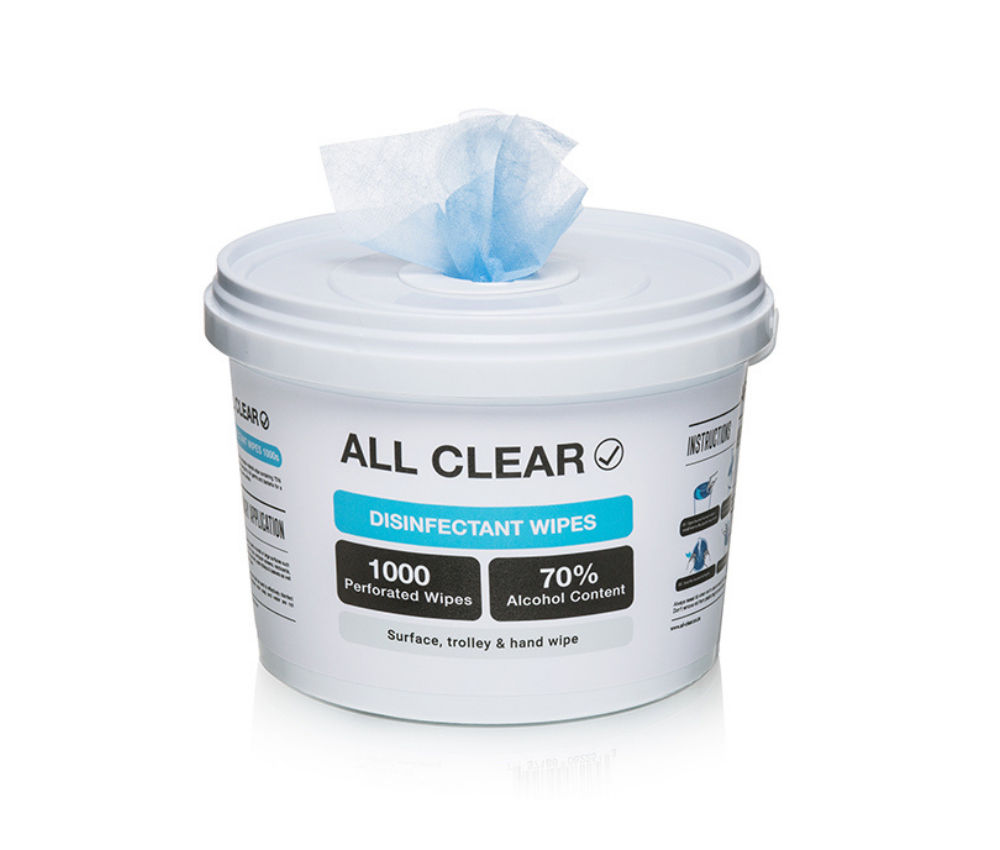 All Clear - Pack Of 2 - 1000 - 70% Alcohol - Disinfectant Wipes Bucket