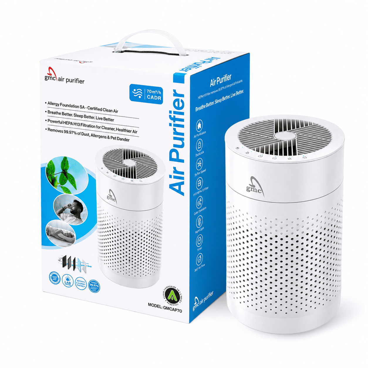 GMC Portable Air Purifier with HEPA H13 Filter - 99% Cleaner Air for Allergies