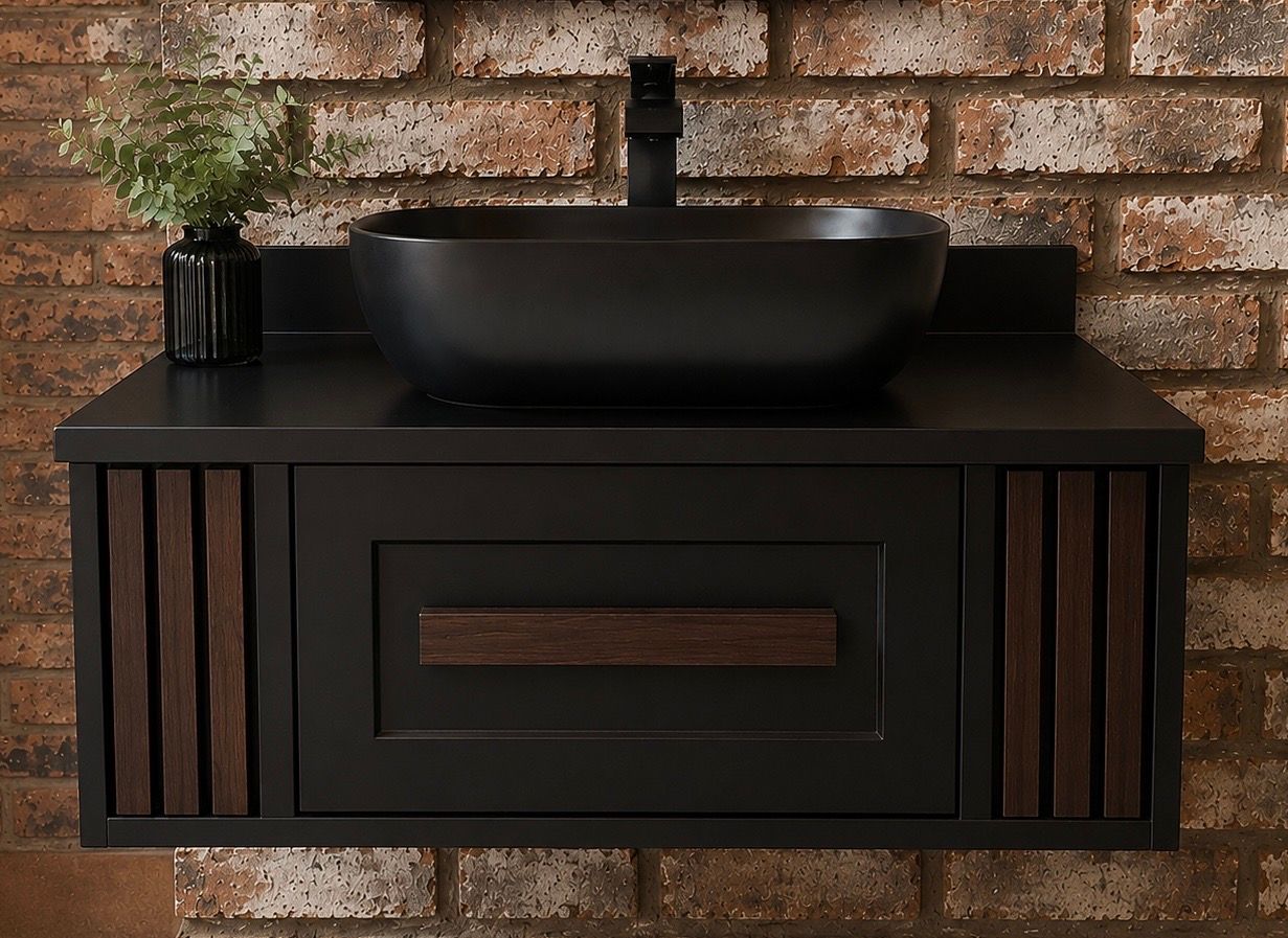 Pine Floating vanity , black w/ dark stained wood accents