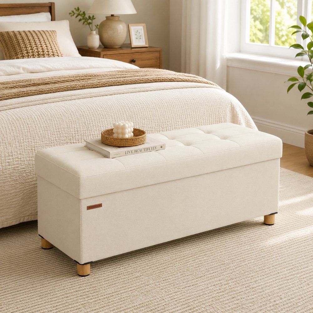 Songmics Storage Ottoman Sofa Box Bedroom Bench, Cream White