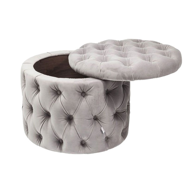 Paris Tufted Round Ottoman With Storage Grey Velvet
