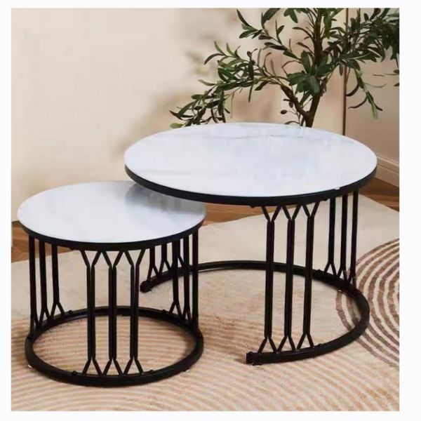 Coffee Table Set Marble Veneer Sofa Side Nest of Tables Round End Tables, Set of 2