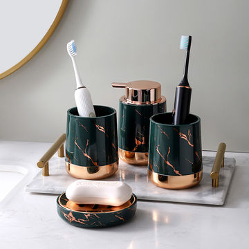 4-Piece Bathroom Accessory Set – Soap Dispenser, Soap Dish & Toothbrush Holders - green/gold