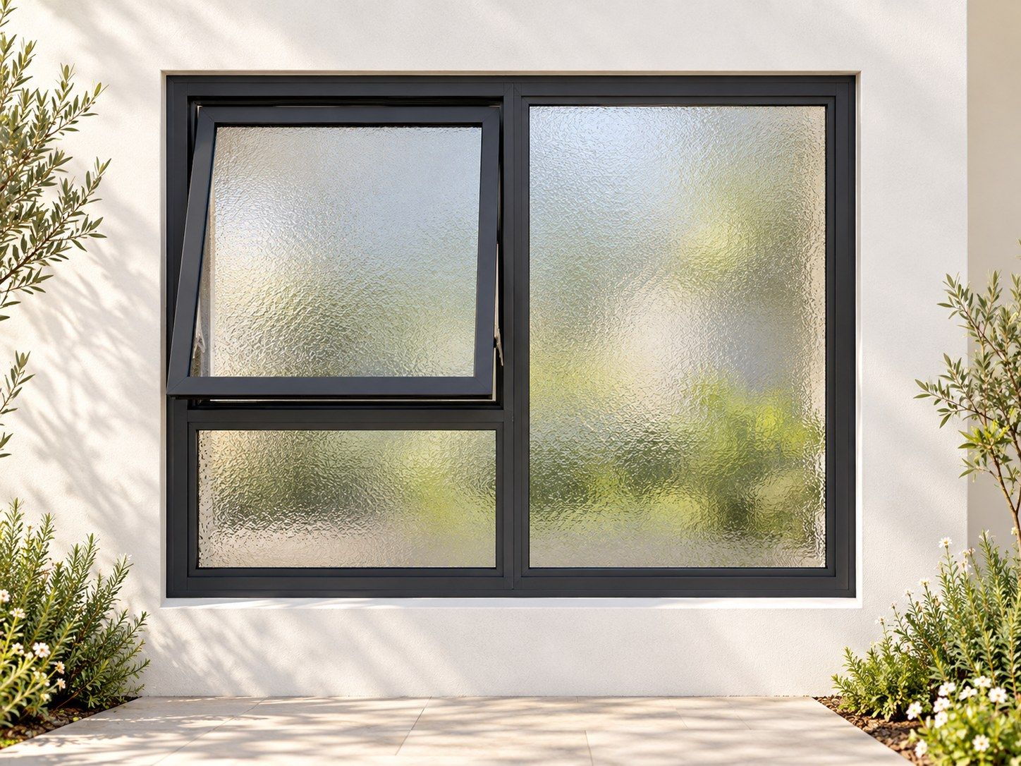 Kenzo Premium Top-Hung Aluminium Window - Charcoal, 1200 900 mm, Left Upper Opener with Fixed Lower and Side Panes, Obscure Safety Glass