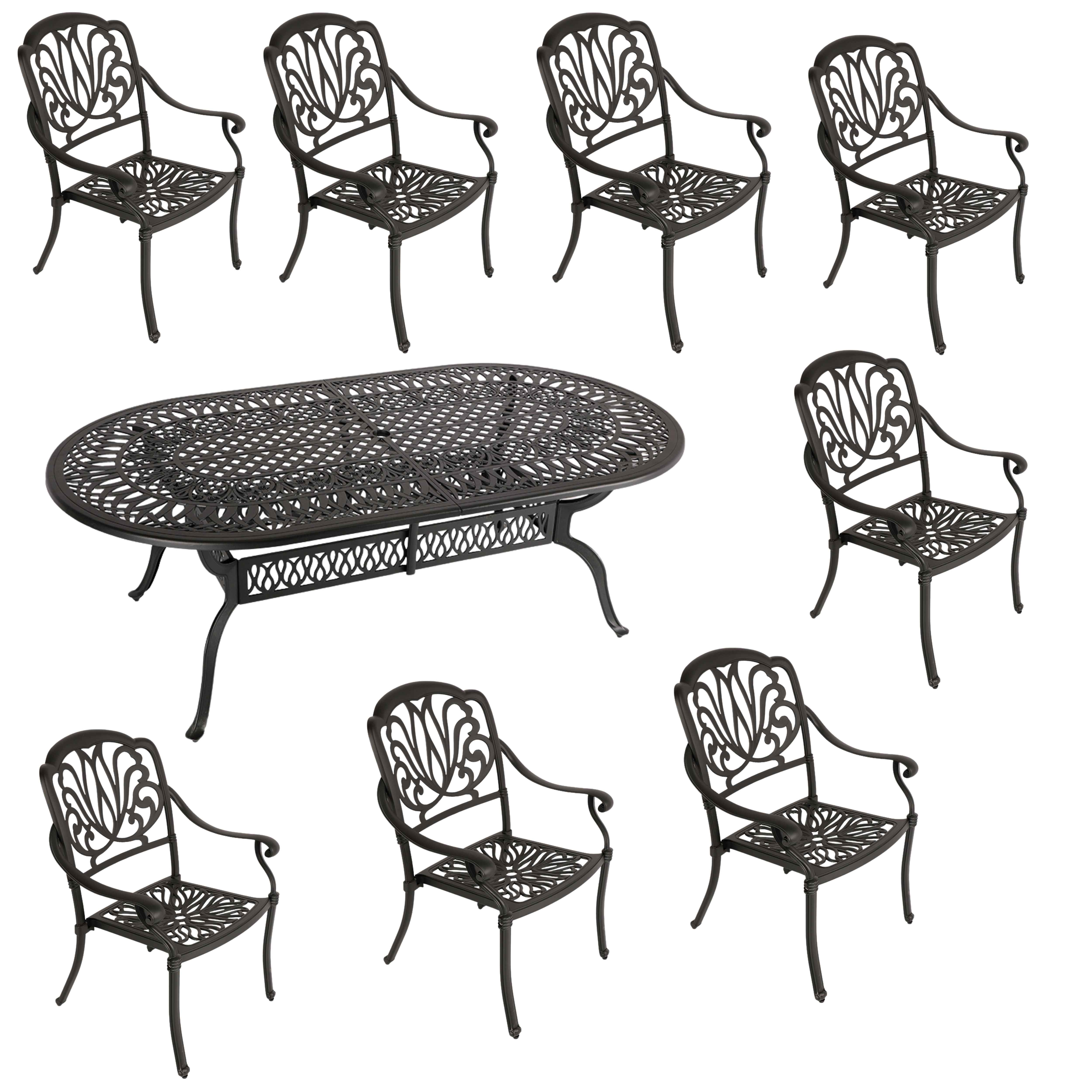 8 Seater - Protea  Aluminium Patio Set / Garden Furniture / Outdoor Dining Set    (8 Protea Chairs with 214cm x 110cm Oval Elizabeth Table) - BLACK