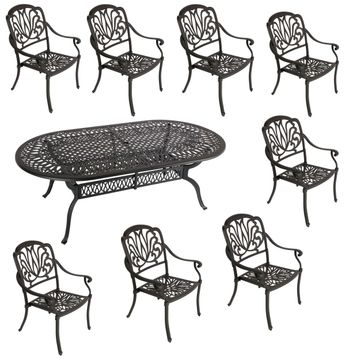 8 Seater - Protea  Aluminium Patio Set / Garden Furniture / Outdoor Dining Set    (8 Protea Chairs with 214cm x 110cm Oval Elizabeth Table) - BLACK