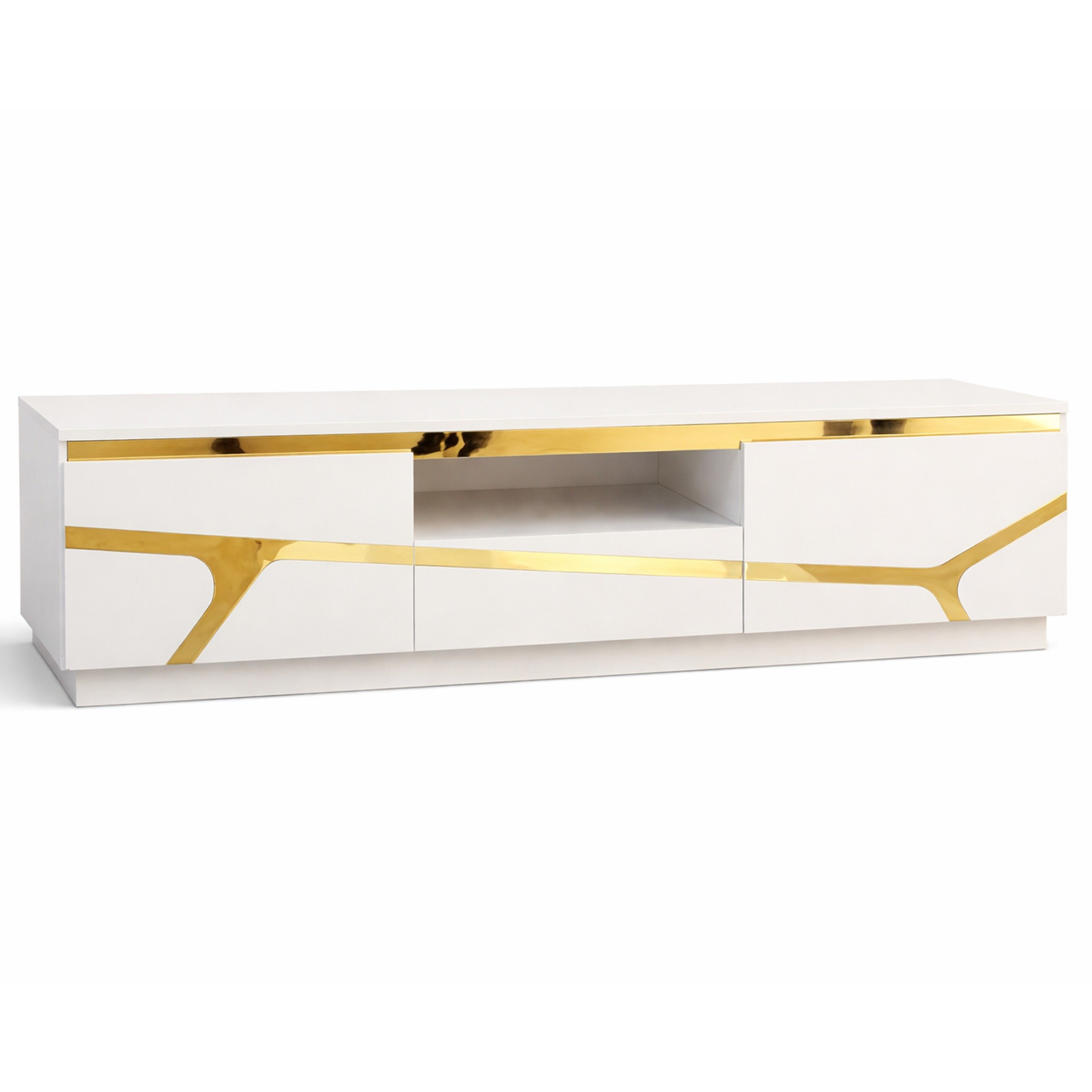 Madiega Furniture - High-Gloss White TV Stand with Gold Geometric Inlay & Dual Storage