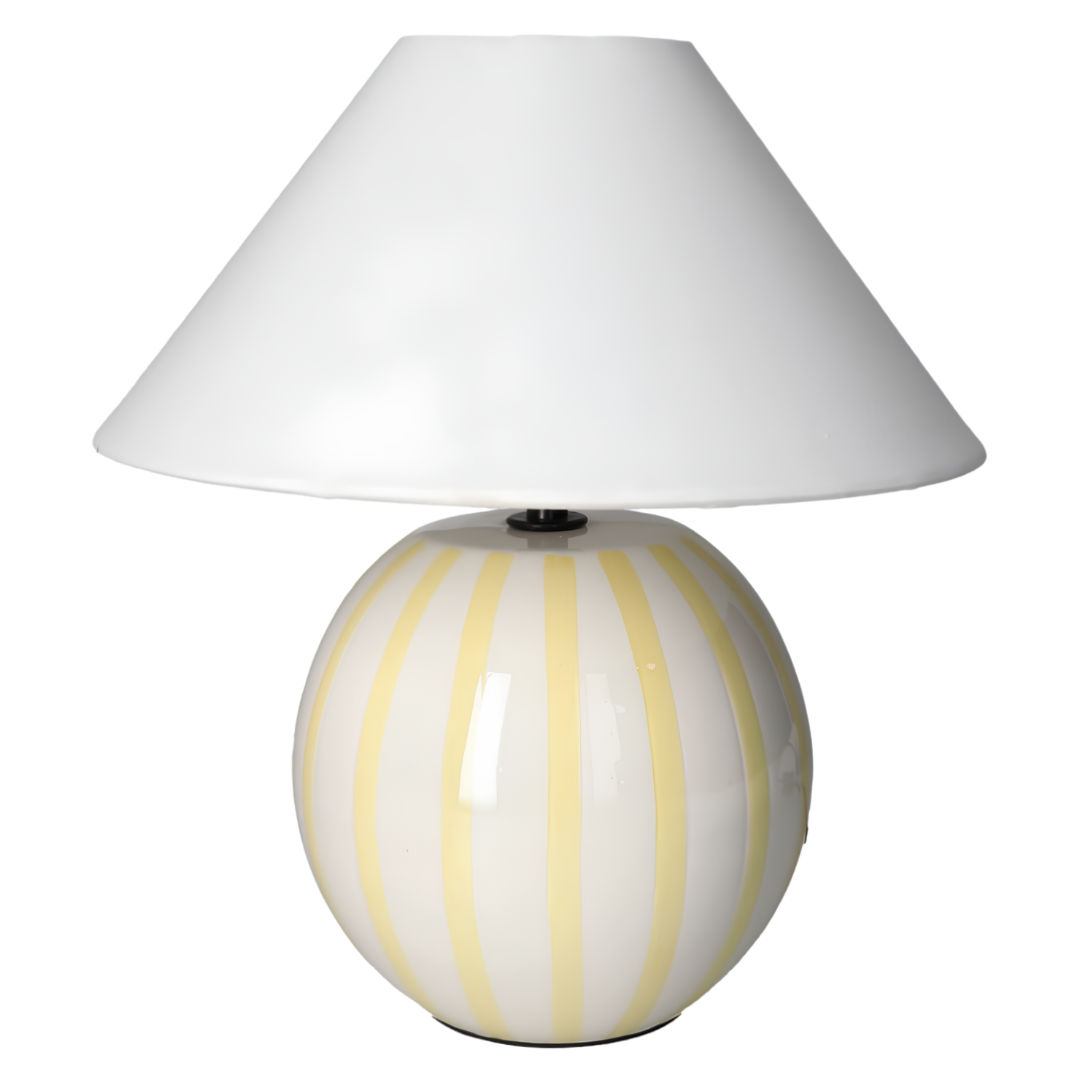 Danny Home Modern Striped Ceramic Ball Table Lamp with Conical Shade (25 x 28cm) – Pastel Yellow & White