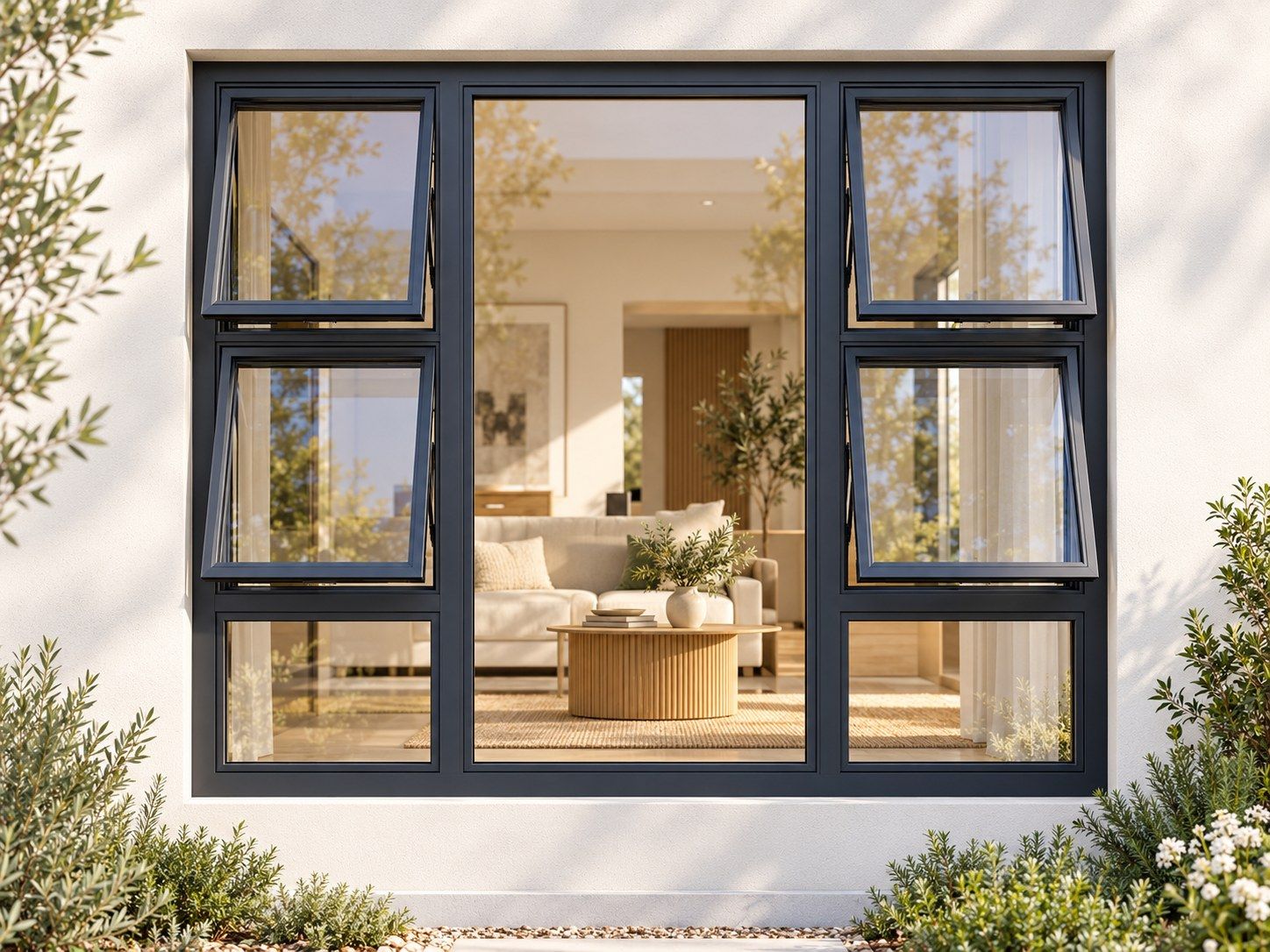 Kenzo Premium Top-Hung Aluminium Window - Charcoal, 1500 1500 mm, Four Openers with Fixed Centre and Lower Panes, Clear Glass