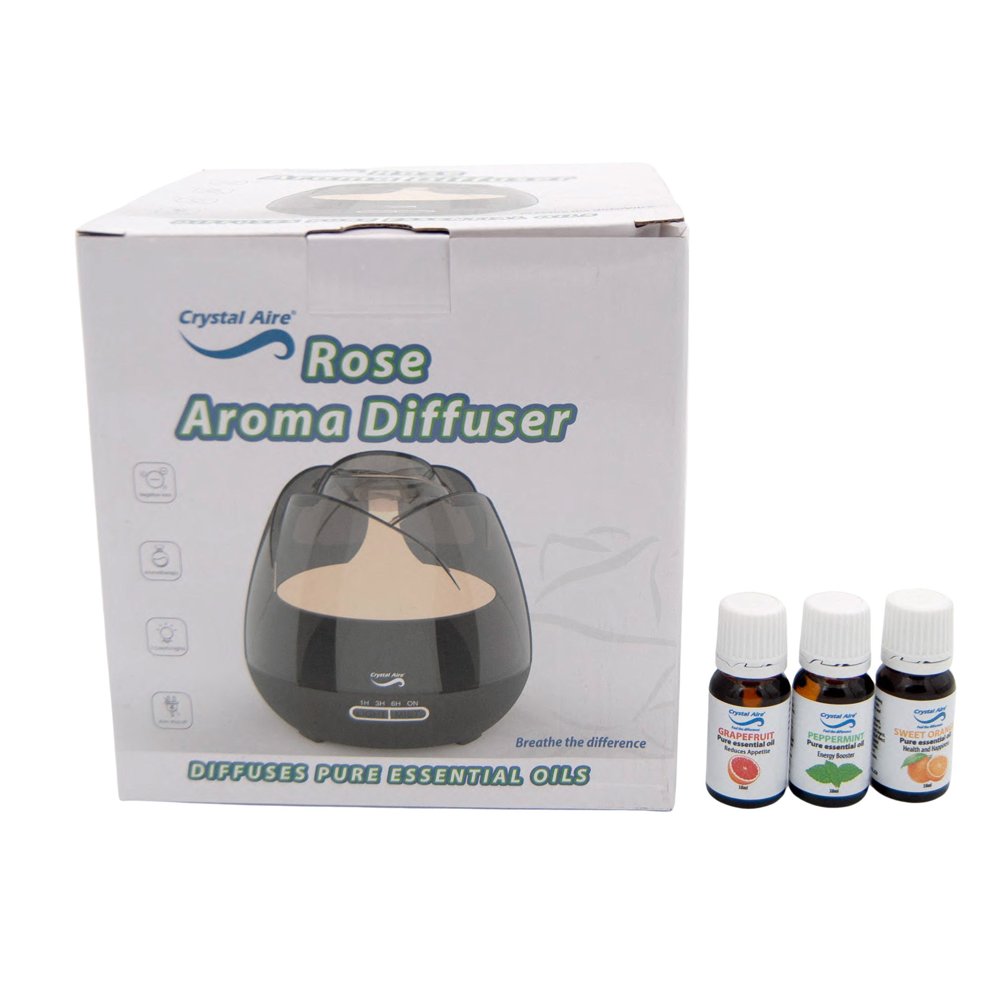 Crystal Aire Rosebud Diffuser with Sweet Orange, Grapefruit and Peppermint essential oil Bundle
